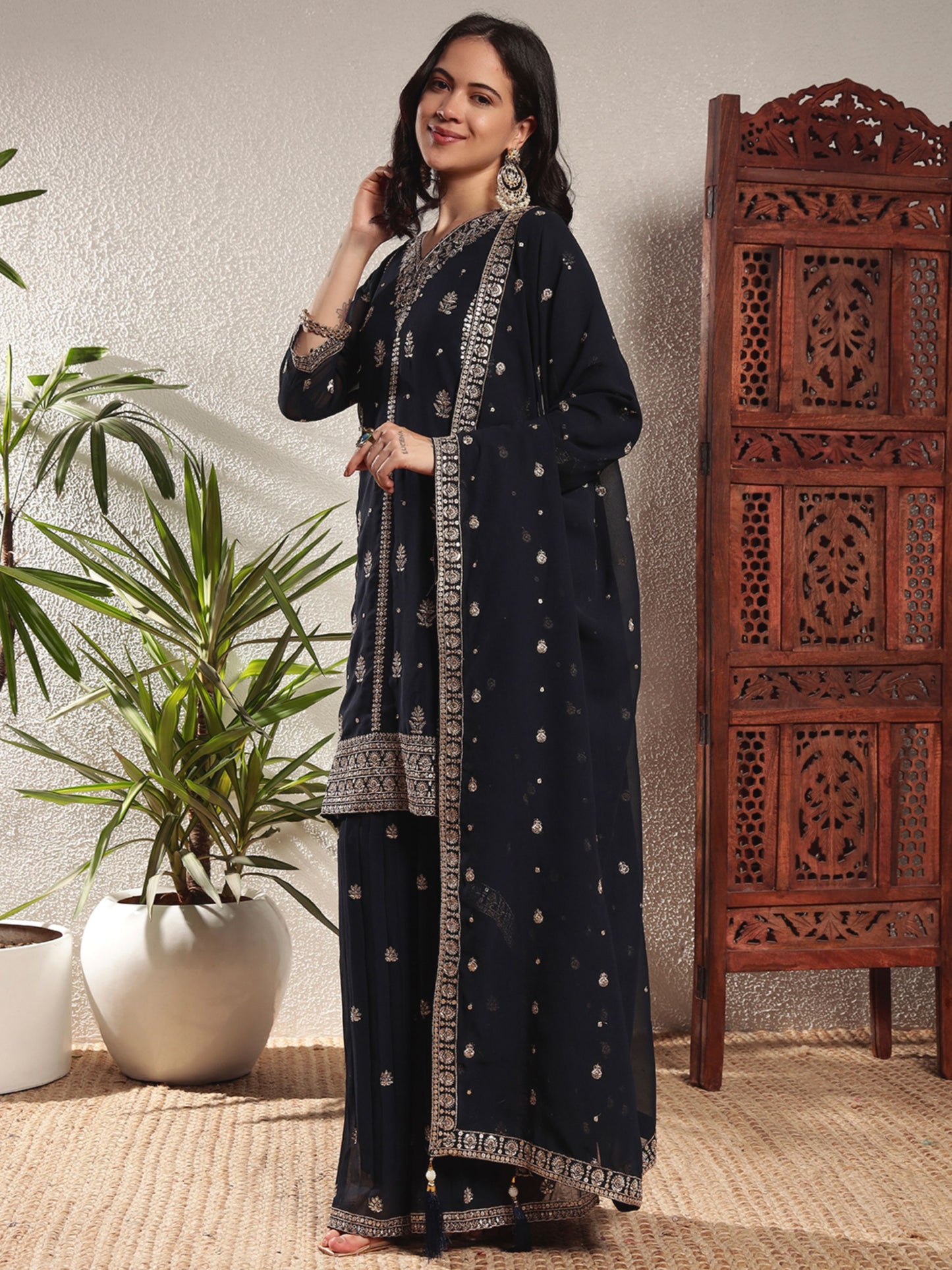 Navy Blue Embroidered Georgette Women's Kurta and Palazzo Set