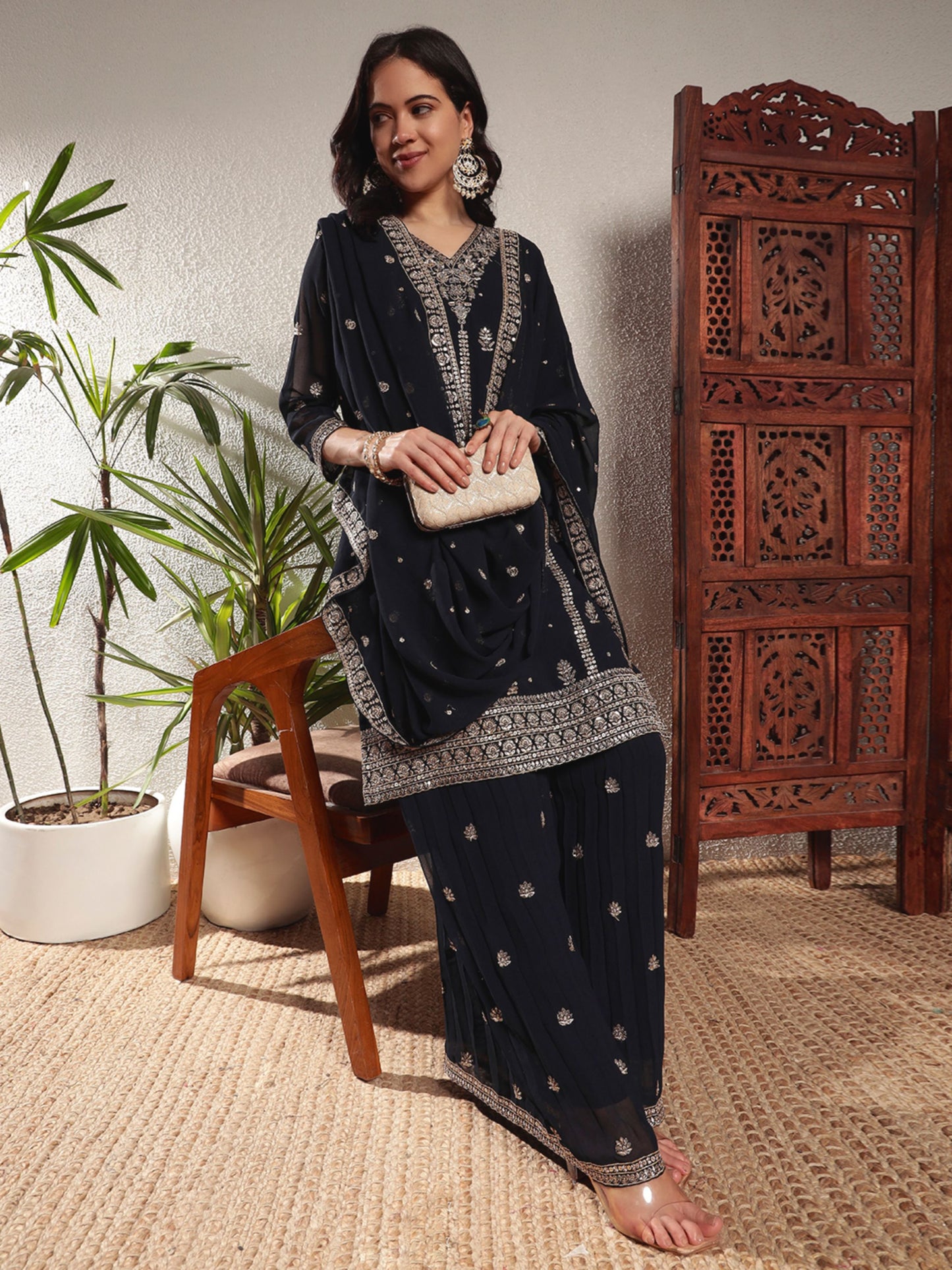Navy Blue Embroidered Georgette Women's Kurta and Palazzo Set