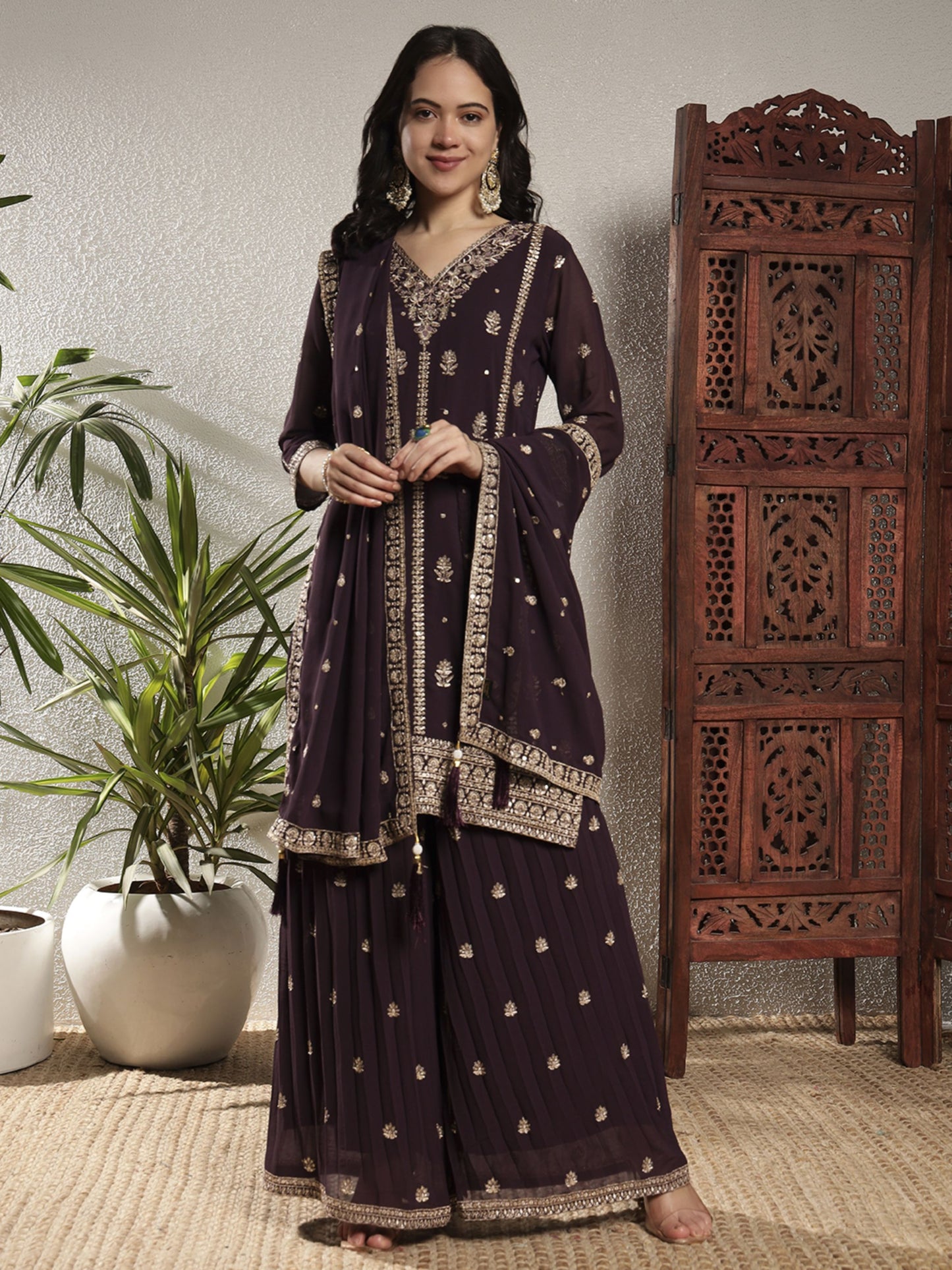 Starbucks Brown Embroidered Georgette Women's Kurta and Palazzo Set
