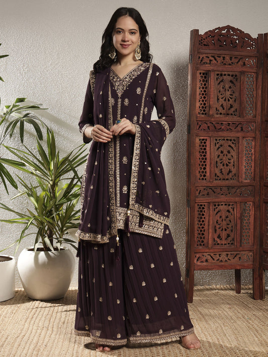 Starbucks Brown Embroidered Georgette Women's Kurta and Palazzo Set
