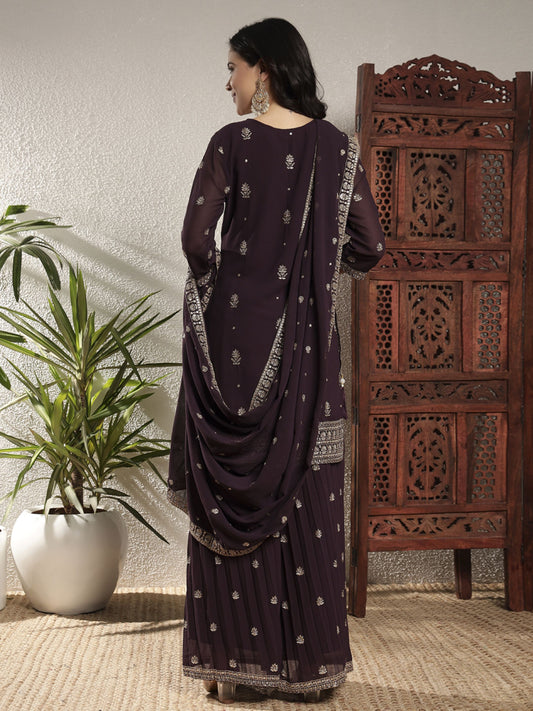 Starbucks Brown Embroidered Georgette Women's Kurta and Palazzo Set