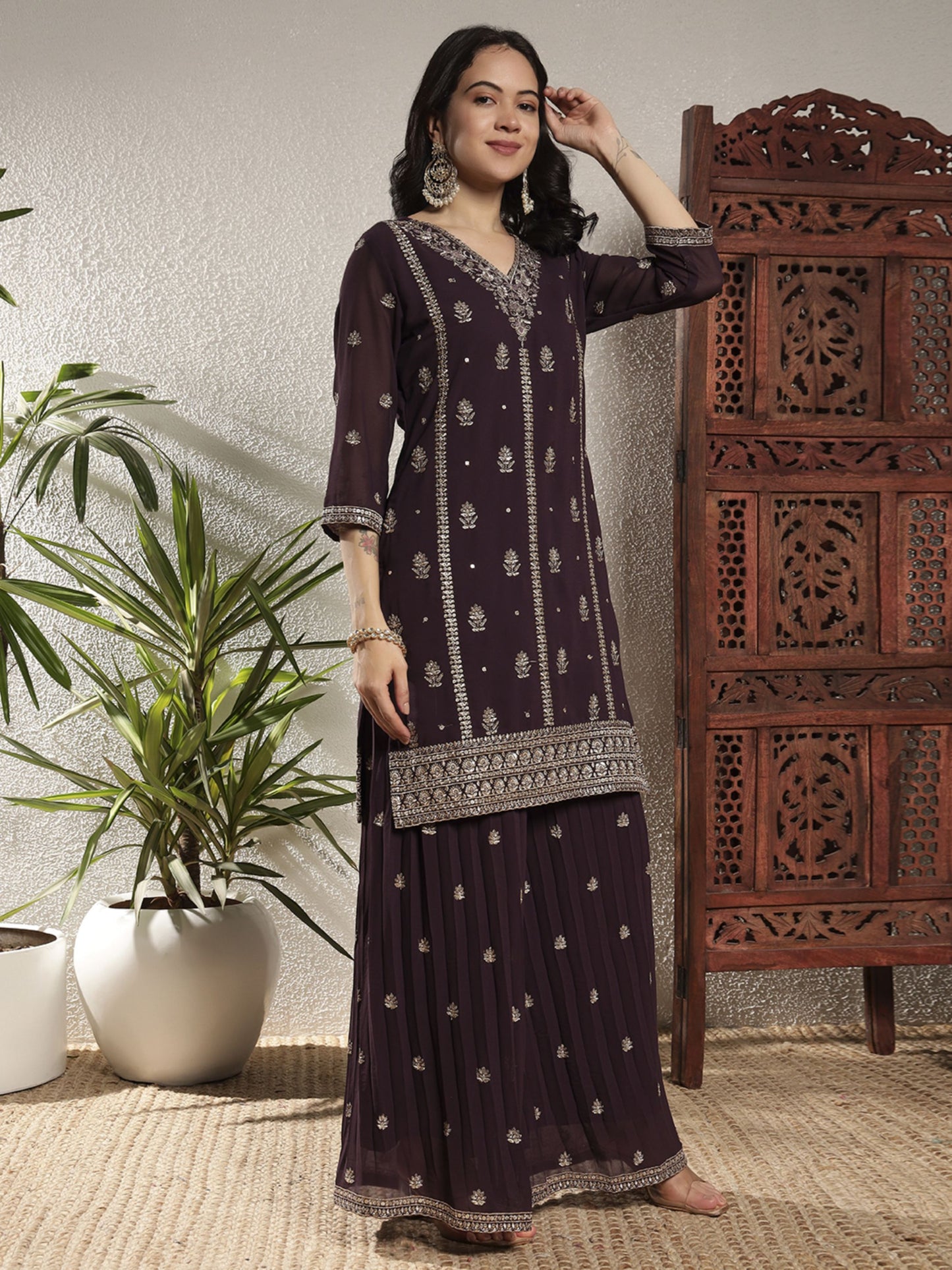 Starbucks Brown Embroidered Georgette Women's Kurta and Palazzo Set