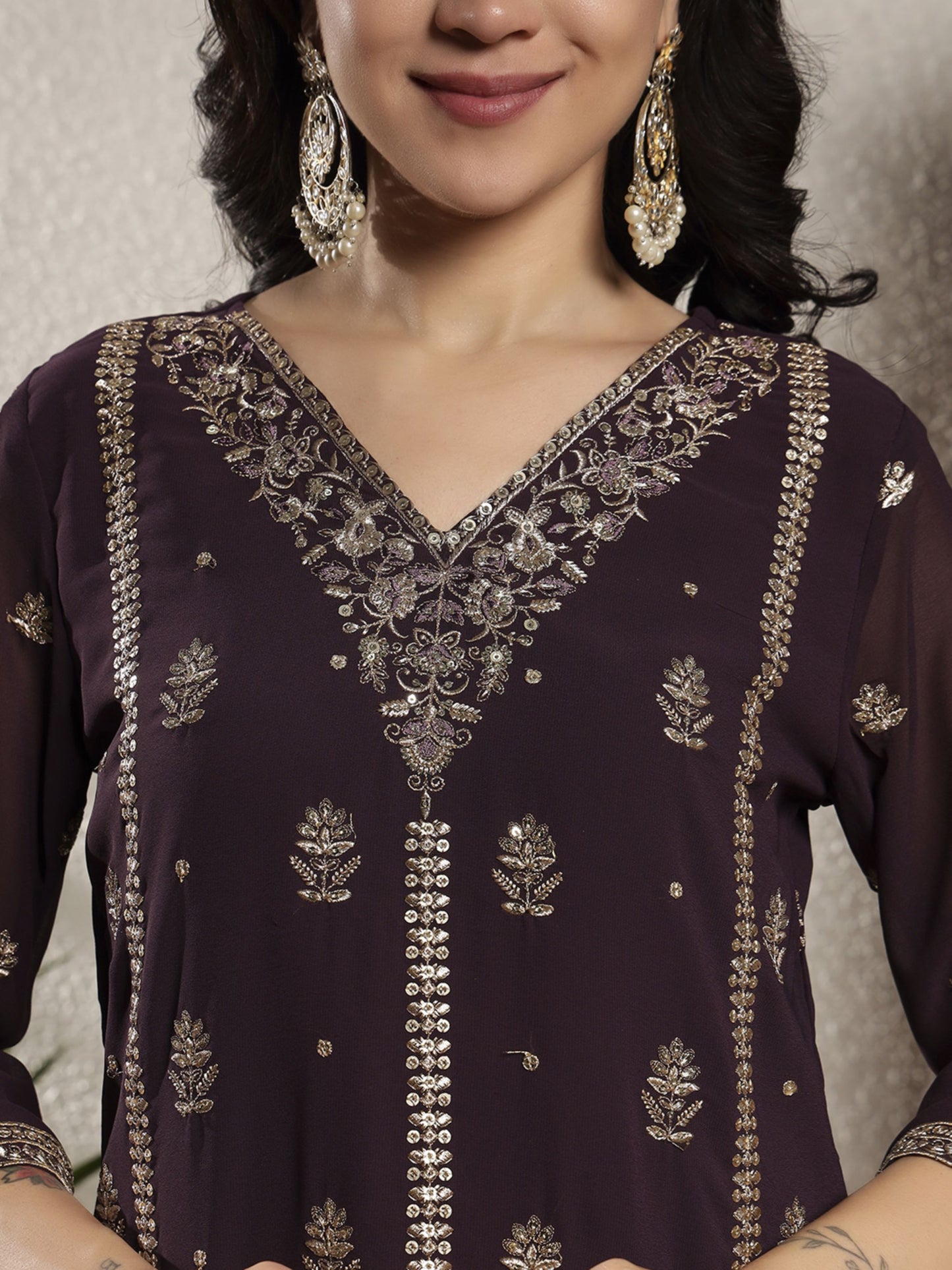 Starbucks Brown Embroidered Georgette Women's Kurta and Palazzo Set