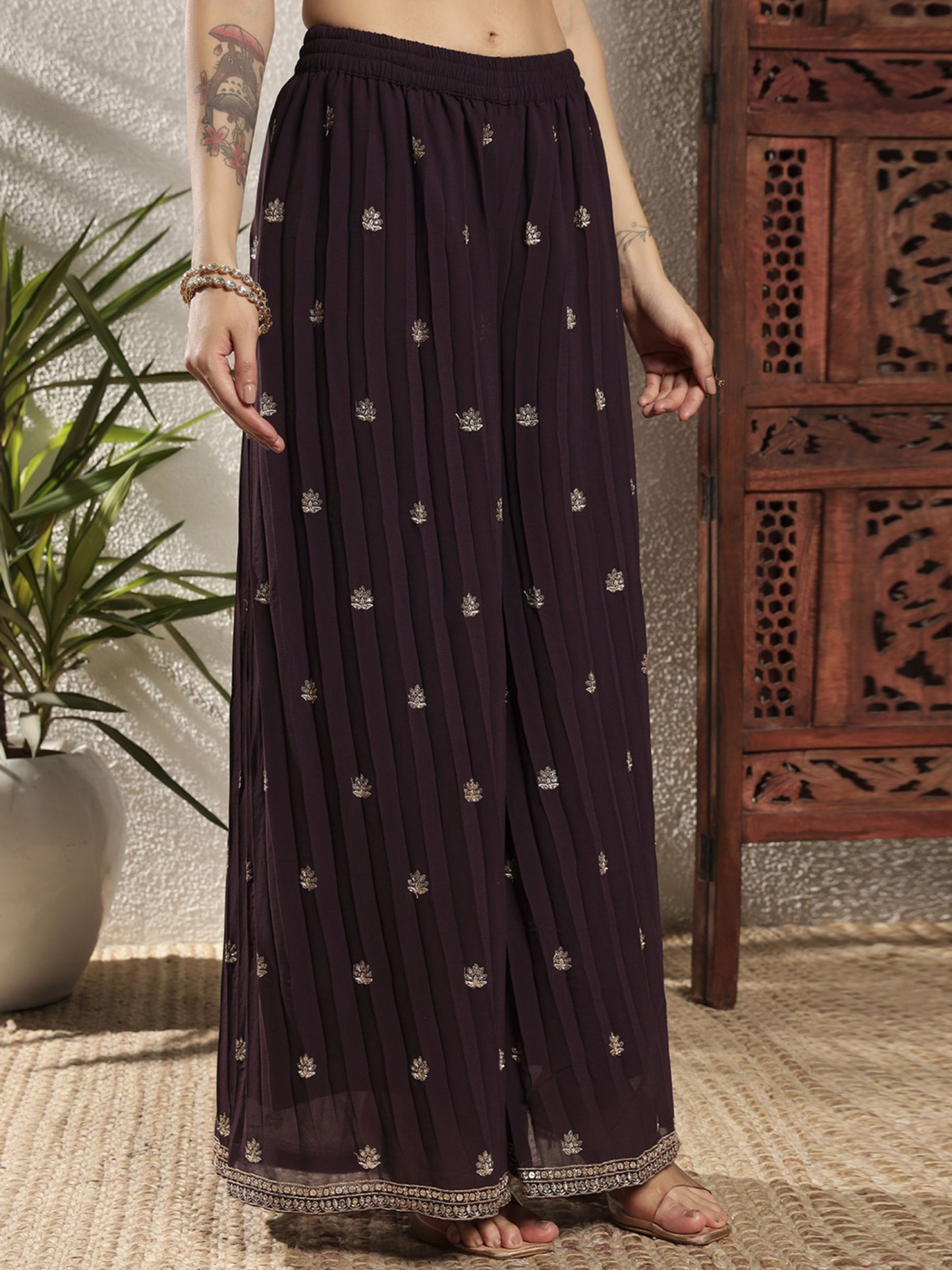 Starbucks Brown Embroidered Georgette Women's Kurta and Palazzo Set
