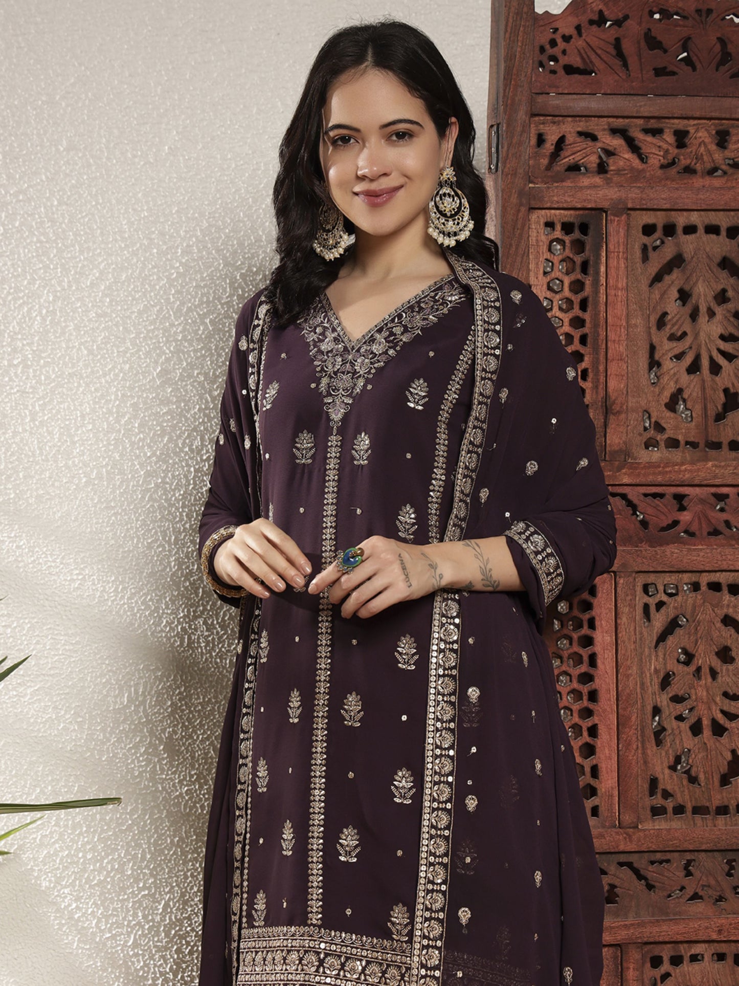 Starbucks Brown Embroidered Georgette Women's Kurta and Palazzo Set