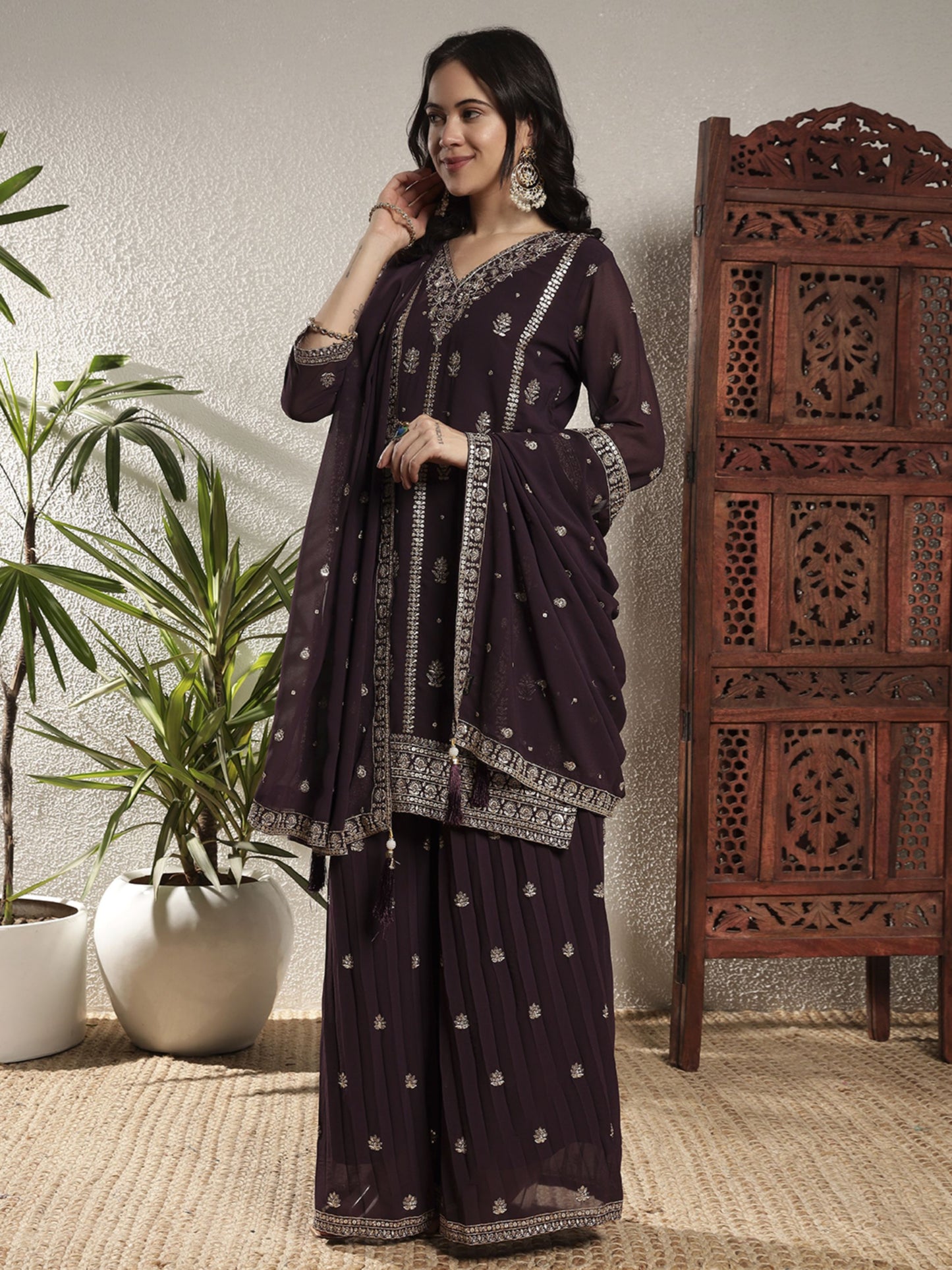 Starbucks Brown Embroidered Georgette Women's Kurta and Palazzo Set