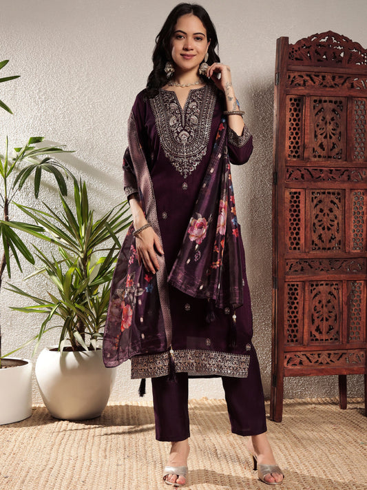 Dark Wine Embroidered Silk Women's Kurta, Pyjama & Dupatta Set