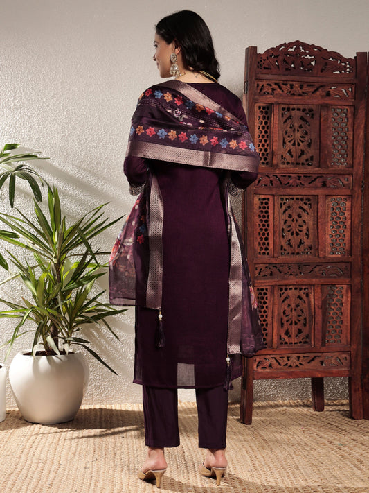 Dark Wine Embroidered Silk Women's Kurta, Pyjama & Dupatta Set