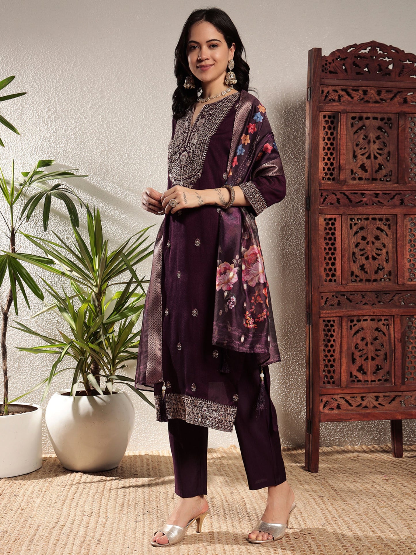 Dark Wine Embroidered Silk Women's Kurta, Pyjama & Dupatta Set