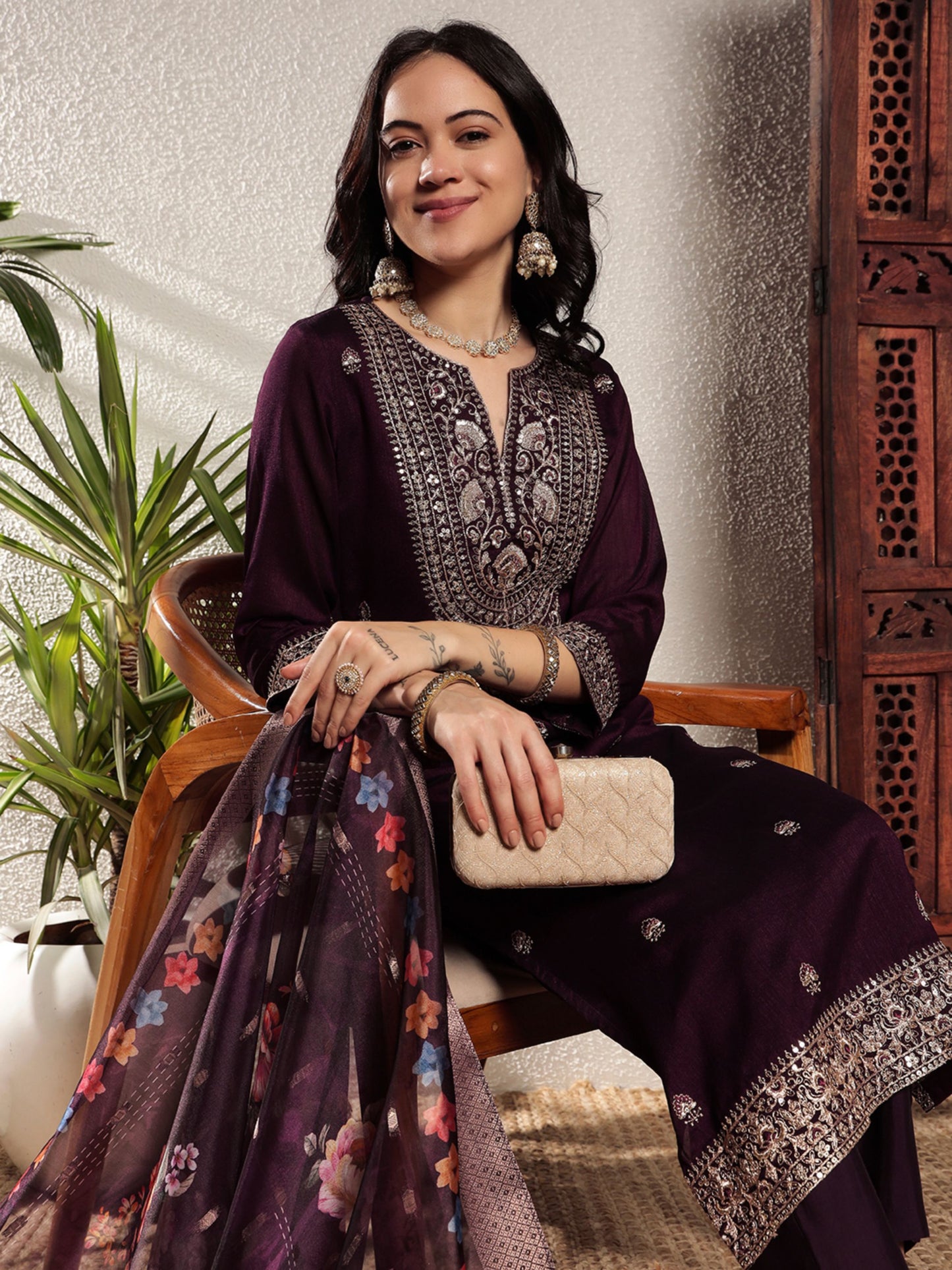 Dark Wine Embroidered Silk Women's Kurta, Pyjama & Dupatta Set