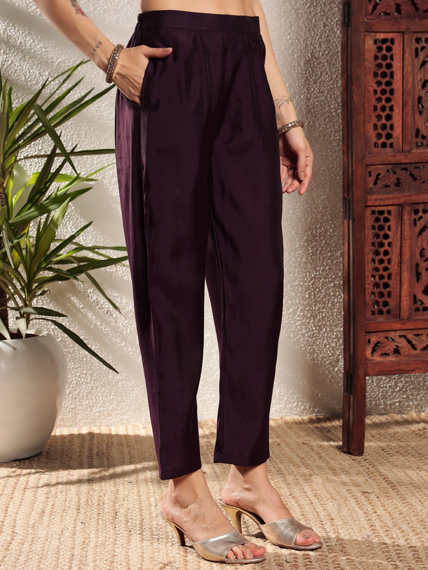 Dark Wine Embroidered Silk Women's Kurta, Pyjama & Dupatta Set