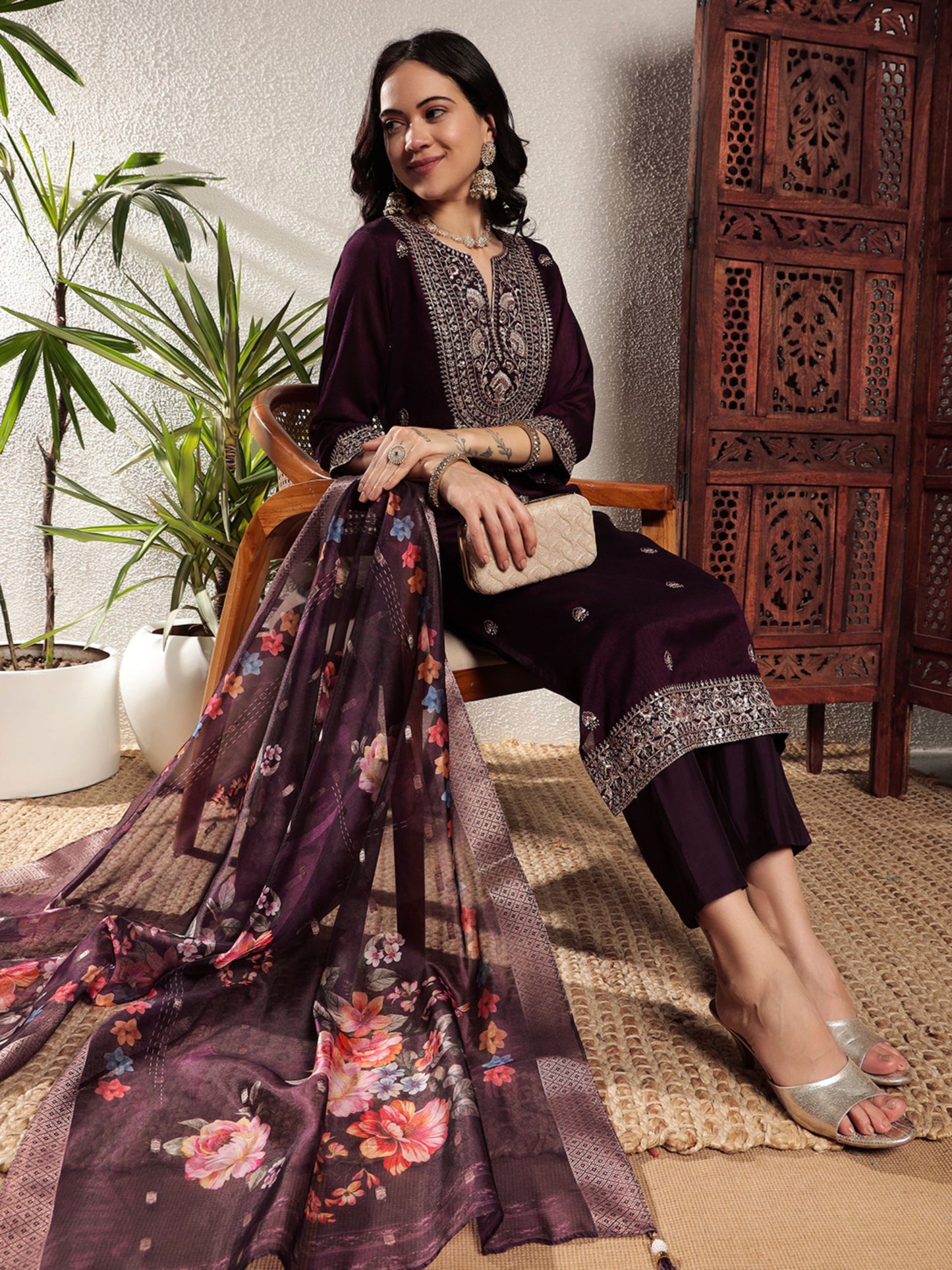 Dark Wine Embroidered Silk Women's Kurta, Pyjama & Dupatta Set