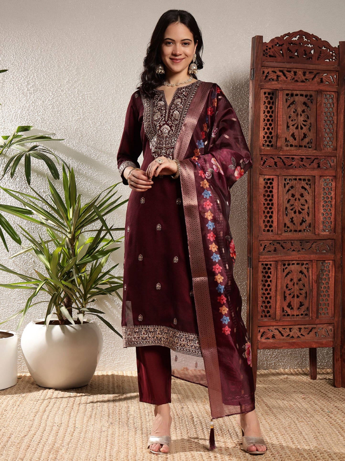 Dark Maroon Embroidered Silk Women's Kurta, Pyjama & Dupatta Set