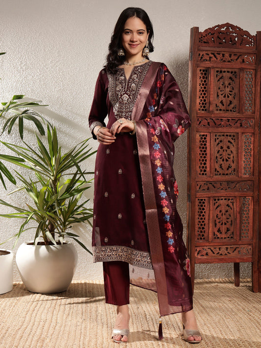 Dark Maroon Embroidered Silk Women's Kurta, Pyjama & Dupatta Set