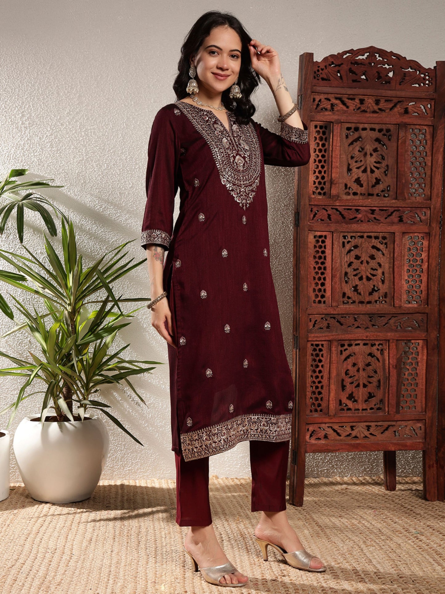 Dark Maroon Embroidered Silk Women's Kurta, Pyjama & Dupatta Set