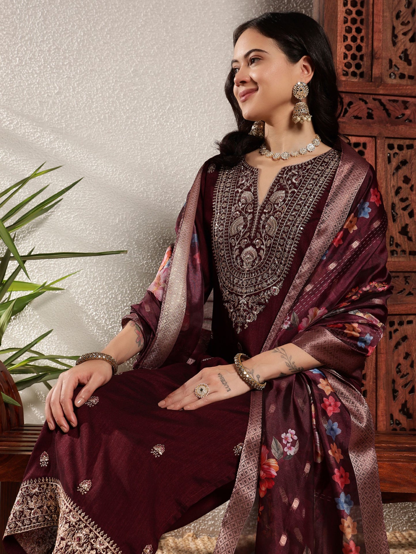 Dark Maroon Embroidered Silk Women's Kurta, Pyjama & Dupatta Set