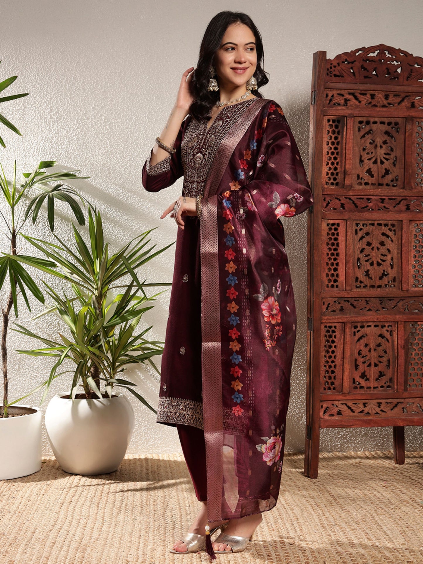 Dark Maroon Embroidered Silk Women's Kurta, Pyjama & Dupatta Set