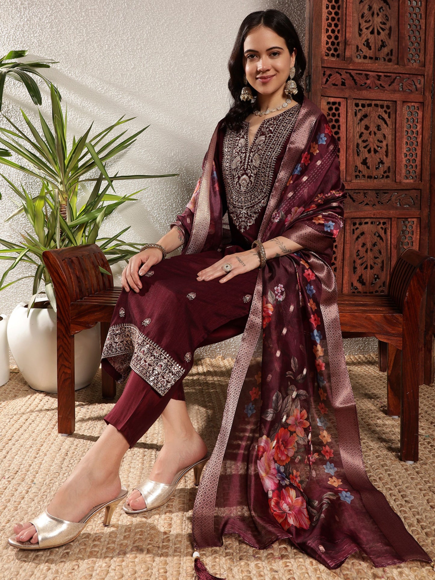 Dark Maroon Embroidered Silk Women's Kurta, Pyjama & Dupatta Set