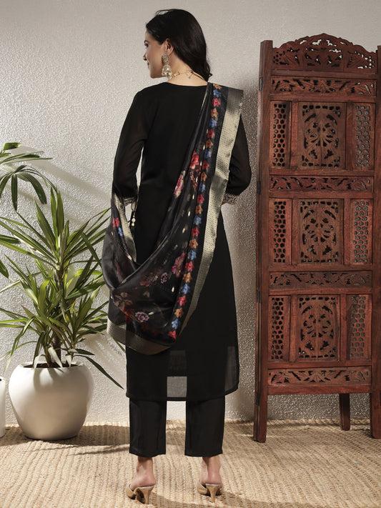 Black Embroidered Silk Women's Kurta, Pyjama & Dupatta Set