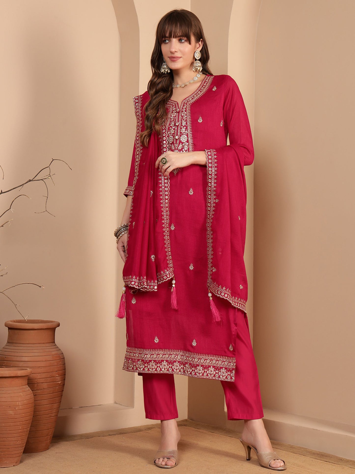 Crimson Pink Embroidered Silk Women's Kurta, Pyjama & Dupatta Set