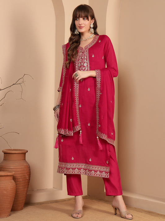 Crimson Pink Embroidered Silk Women's Kurta, Pyjama & Dupatta Set