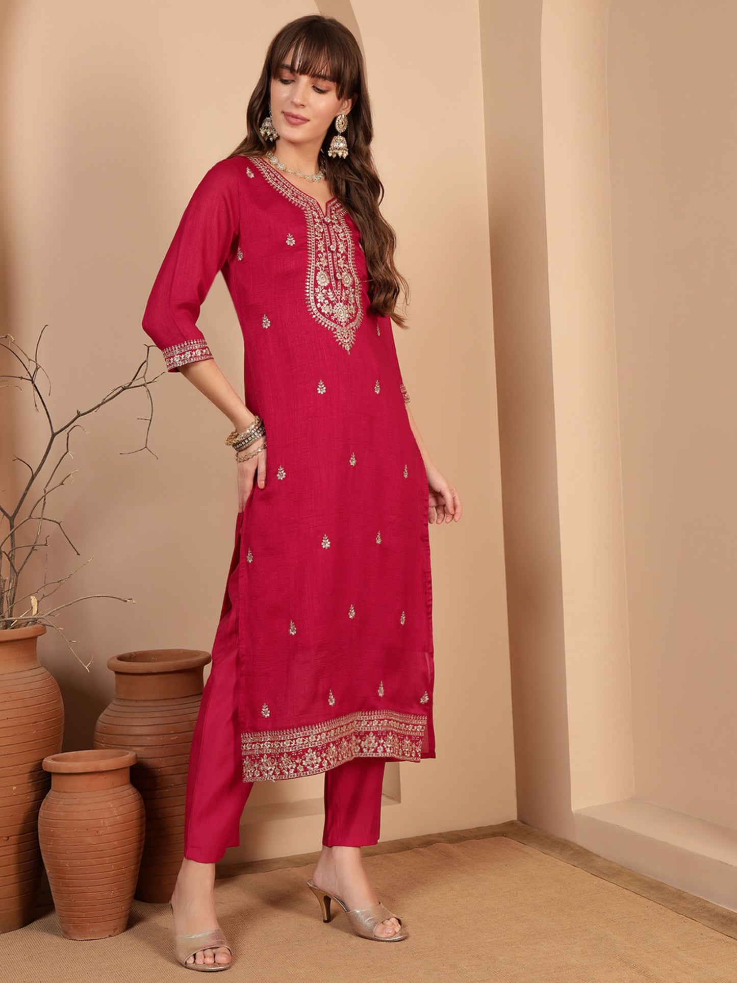 Crimson Pink Embroidered Silk Women's Kurta, Pyjama & Dupatta Set