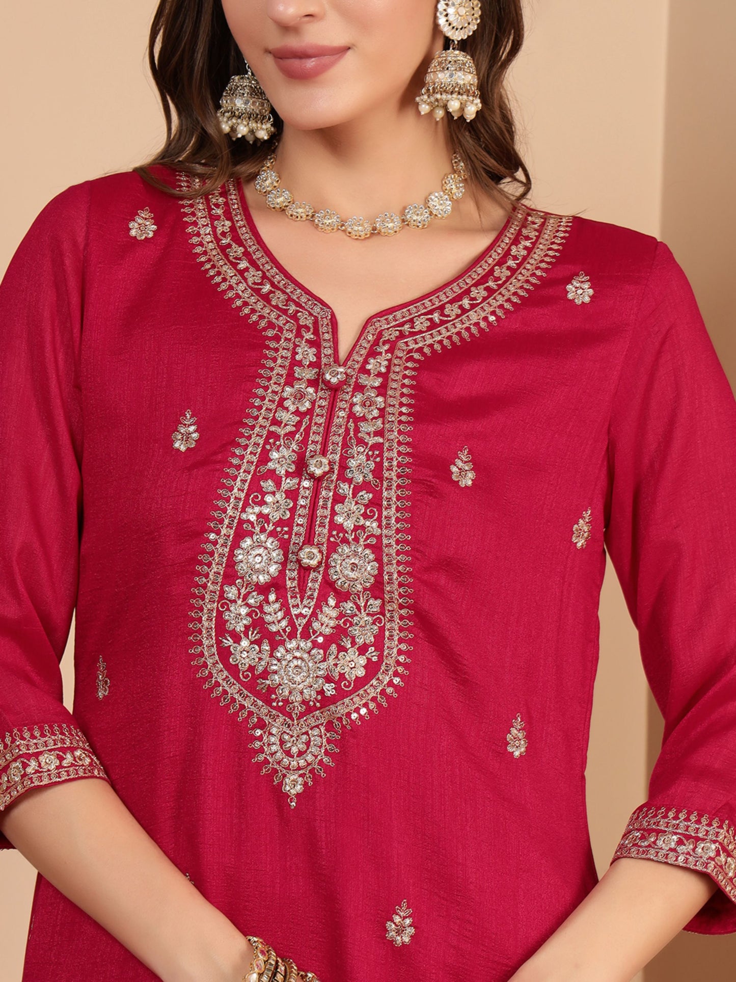 Crimson Pink Embroidered Silk Women's Kurta, Pyjama & Dupatta Set