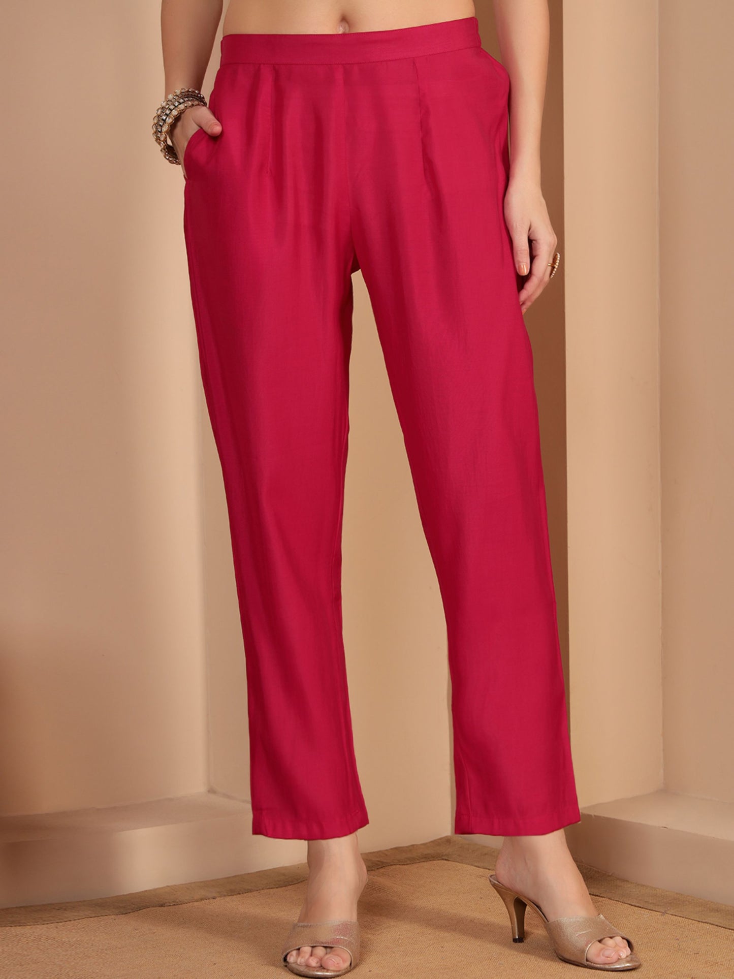 Crimson Pink Embroidered Silk Women's Kurta, Pyjama & Dupatta Set
