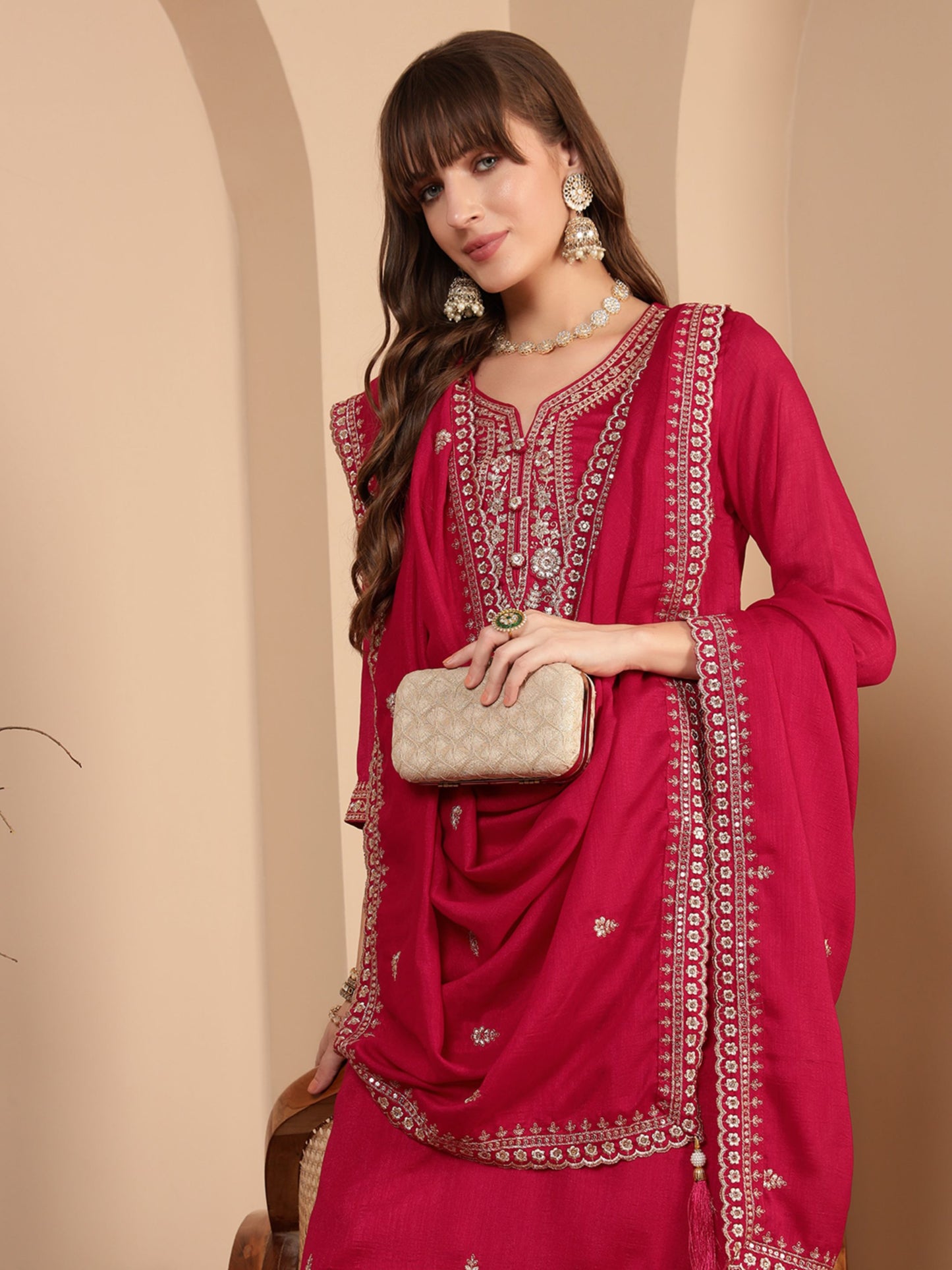 Crimson Pink Embroidered Silk Women's Kurta, Pyjama & Dupatta Set