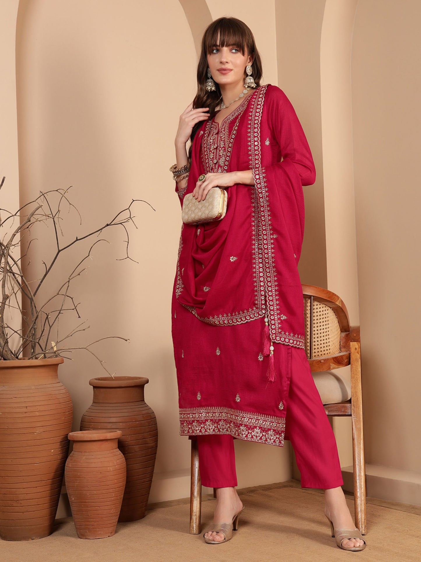 Crimson Pink Embroidered Silk Women's Kurta, Pyjama & Dupatta Set