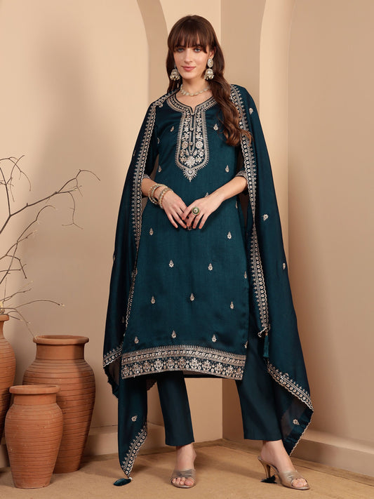 Purssian Blue Embroidered Silk Women's Kurta, Pyjama & Dupatta Set