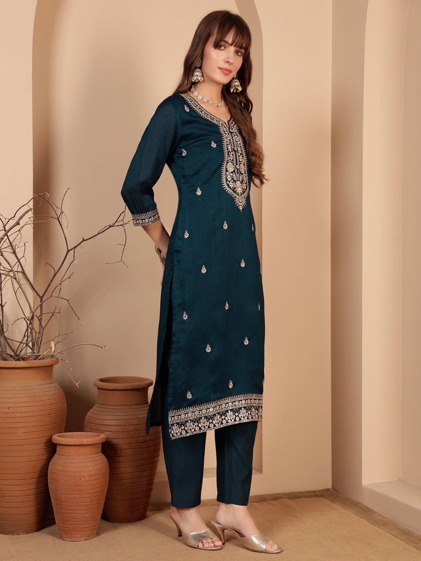 Purssian Blue Embroidered Silk Women's Kurta, Pyjama & Dupatta Set