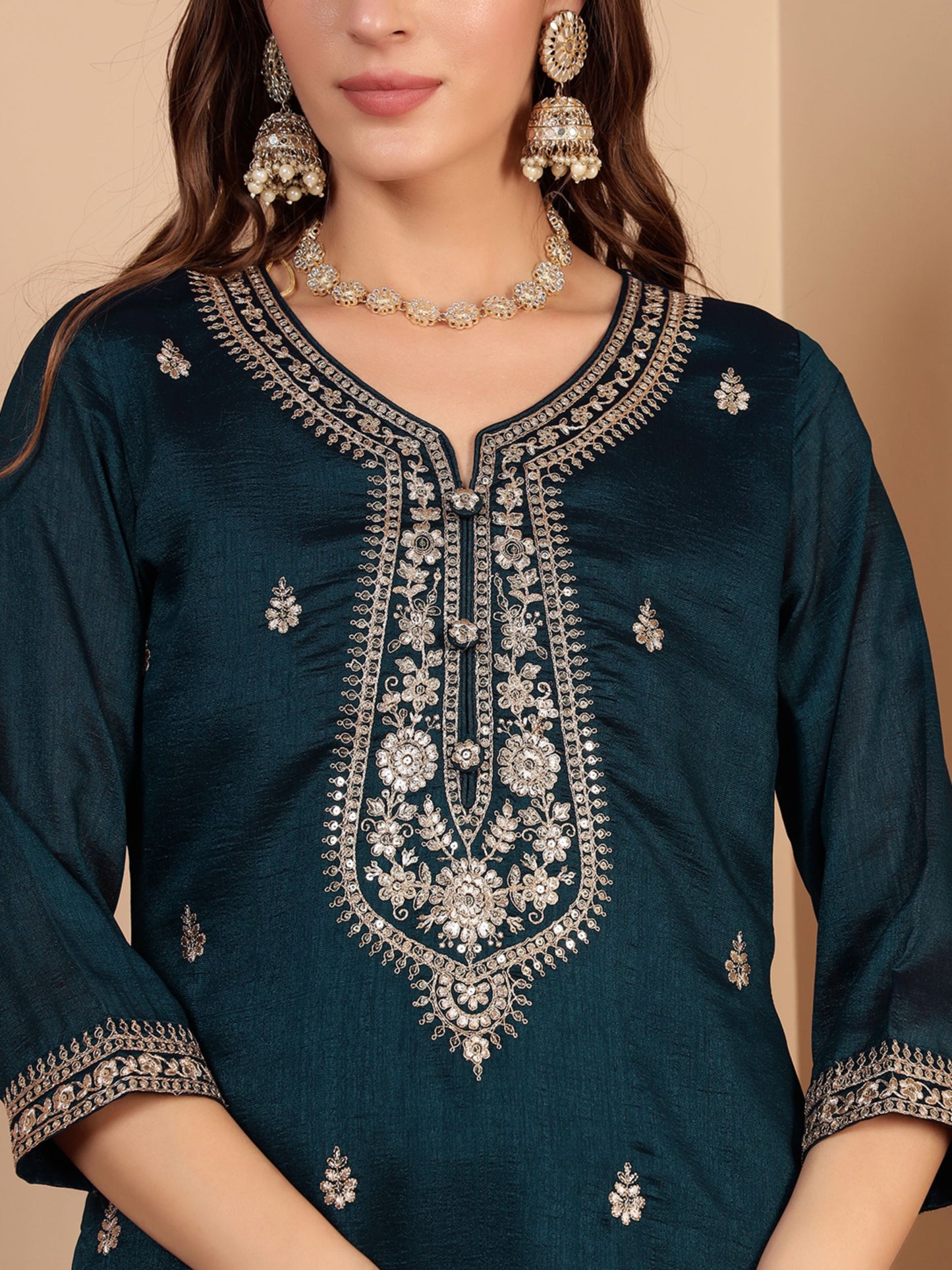 Purssian Blue Embroidered Silk Women's Kurta, Pyjama & Dupatta Set