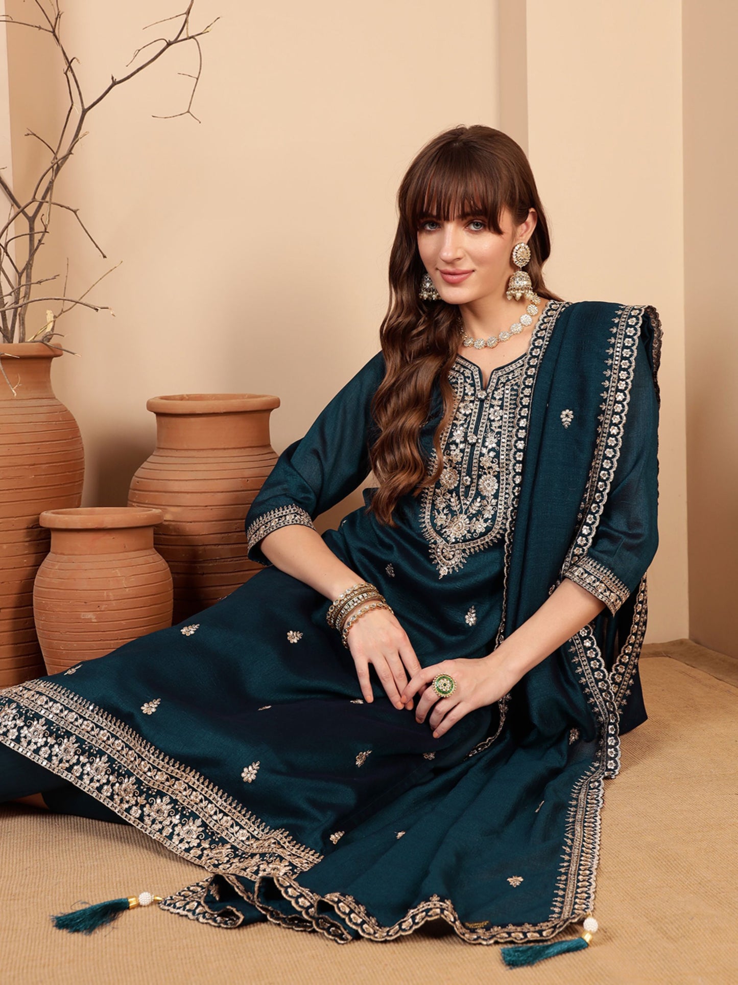 Purssian Blue Embroidered Silk Women's Kurta, Pyjama & Dupatta Set