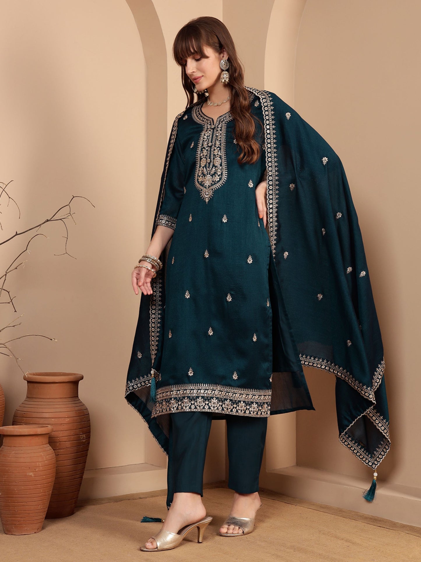 Purssian Blue Embroidered Silk Women's Kurta, Pyjama & Dupatta Set