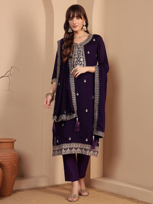 Dark Purple Embroidered Silk Women's Kurta, Pyjama & Dupatta Set