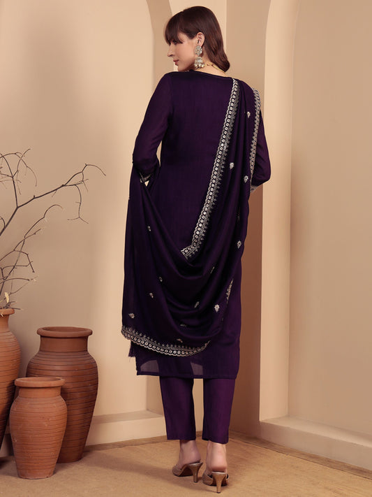Dark Purple Embroidered Silk Women's Kurta, Pyjama & Dupatta Set