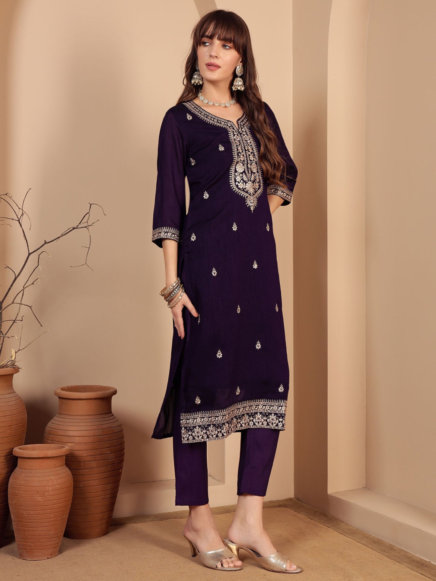 Dark Purple Embroidered Silk Women's Kurta, Pyjama & Dupatta Set