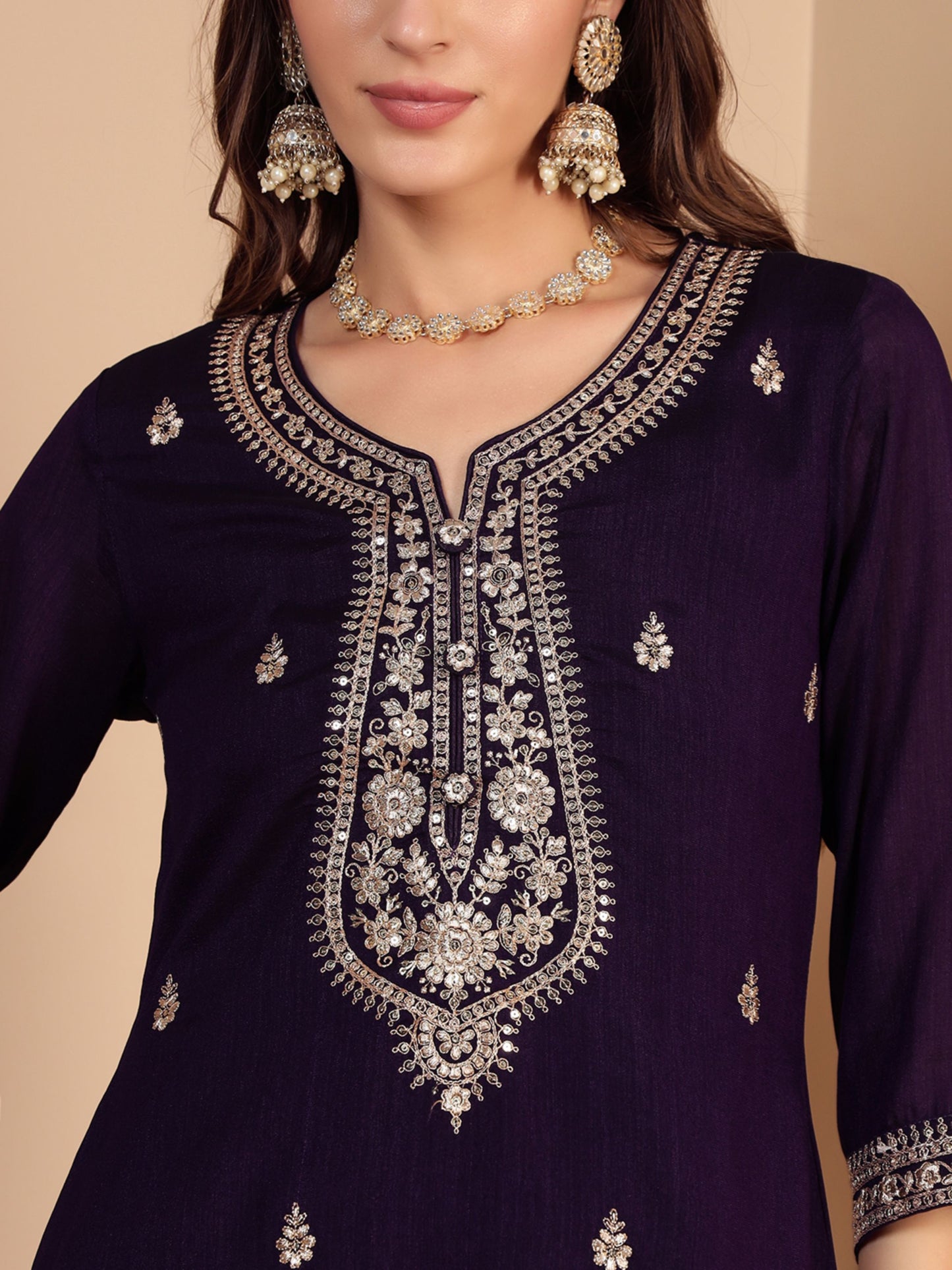 Dark Purple Embroidered Silk Women's Kurta, Pyjama & Dupatta Set