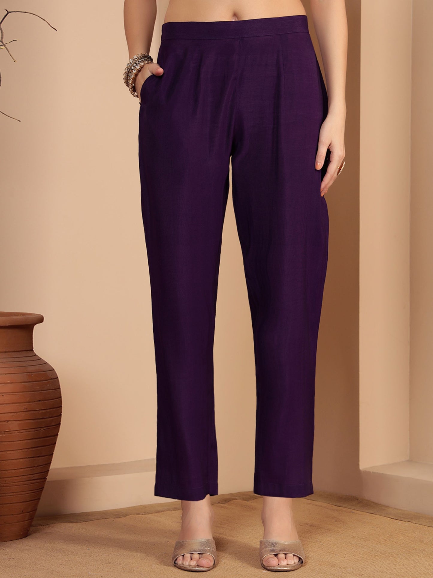 Dark Purple Embroidered Silk Women's Kurta, Pyjama & Dupatta Set