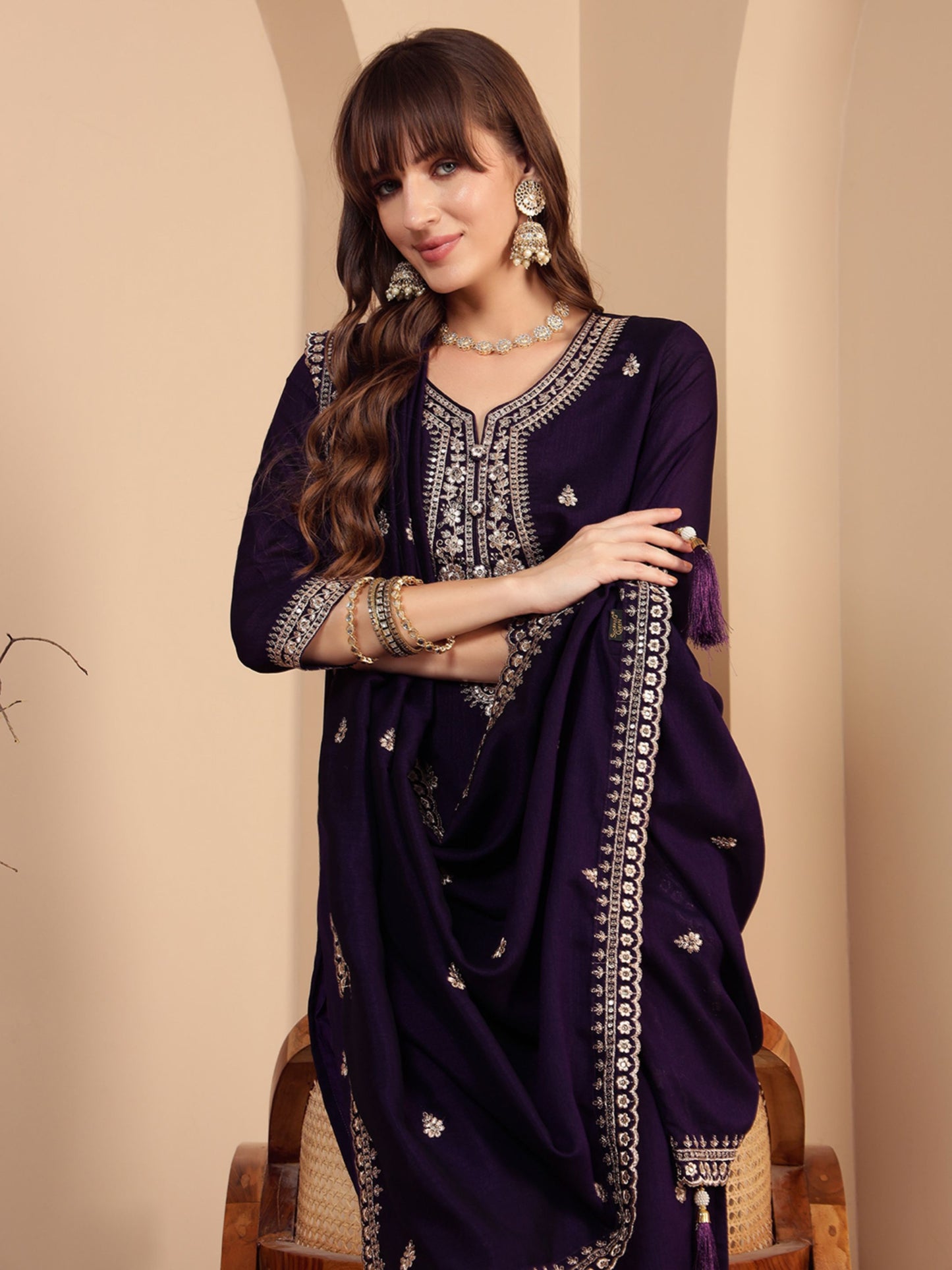 Dark Purple Embroidered Silk Women's Kurta, Pyjama & Dupatta Set