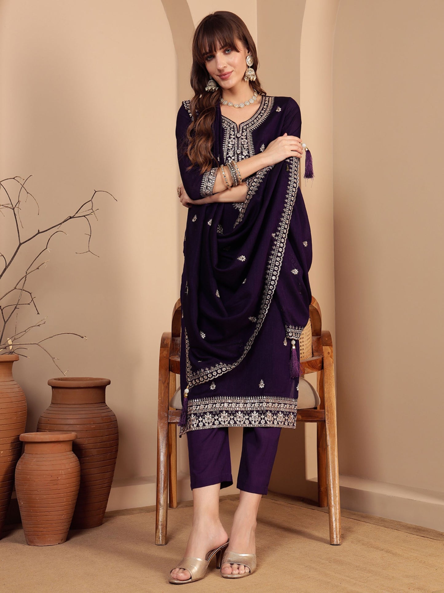 Dark Purple Embroidered Silk Women's Kurta, Pyjama & Dupatta Set