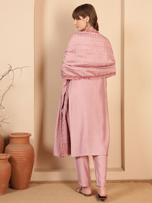 Dusty Rose Embroidered Silk Blend Women's Kurta, Pyjama & Dupatta Set