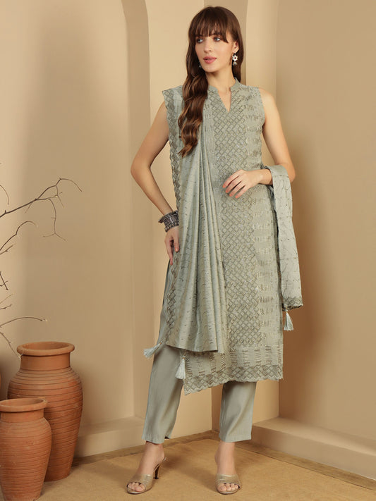 Sage Green Embroidered Silk Blend Women's Kurta, Pyjama & Dupatta Set