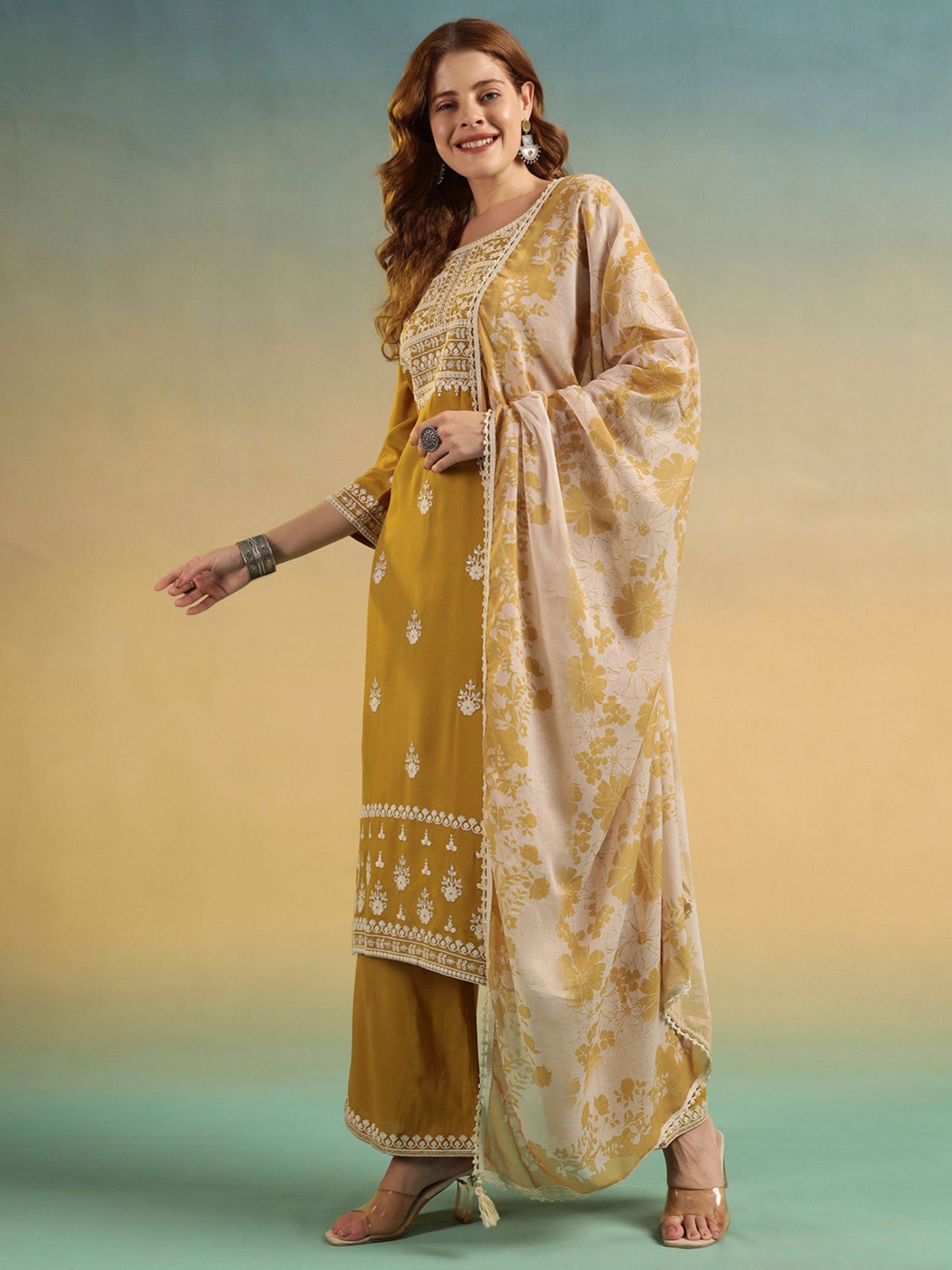 Old Gold Embroidered Rayon Women's Kurta and Palazzo Set