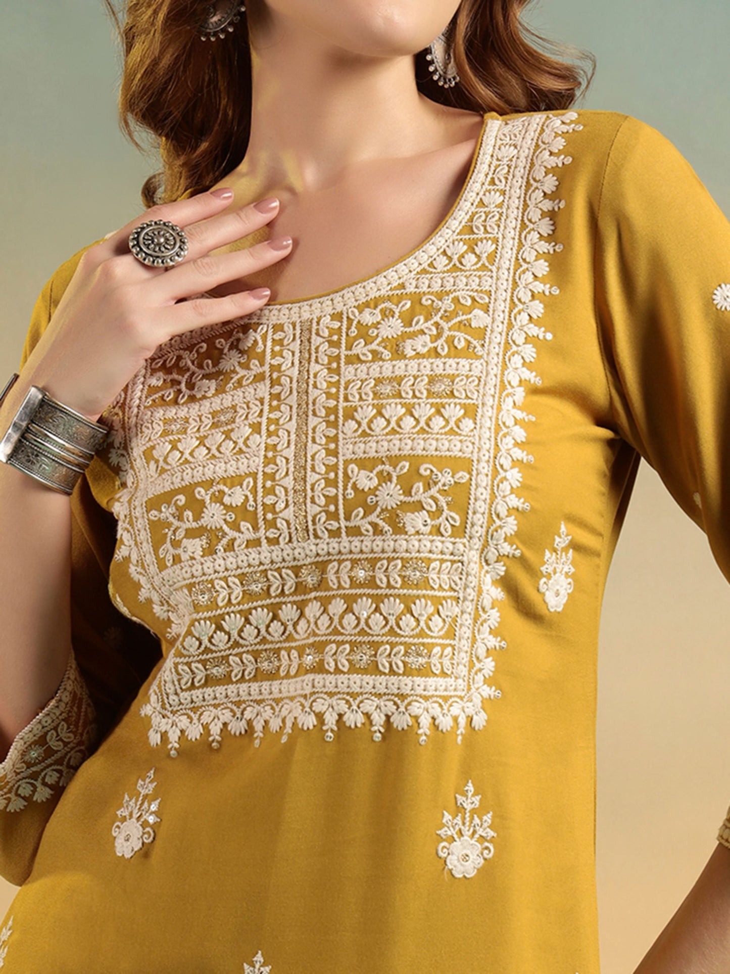 Old Gold Embroidered Rayon Women's Kurta and Palazzo Set