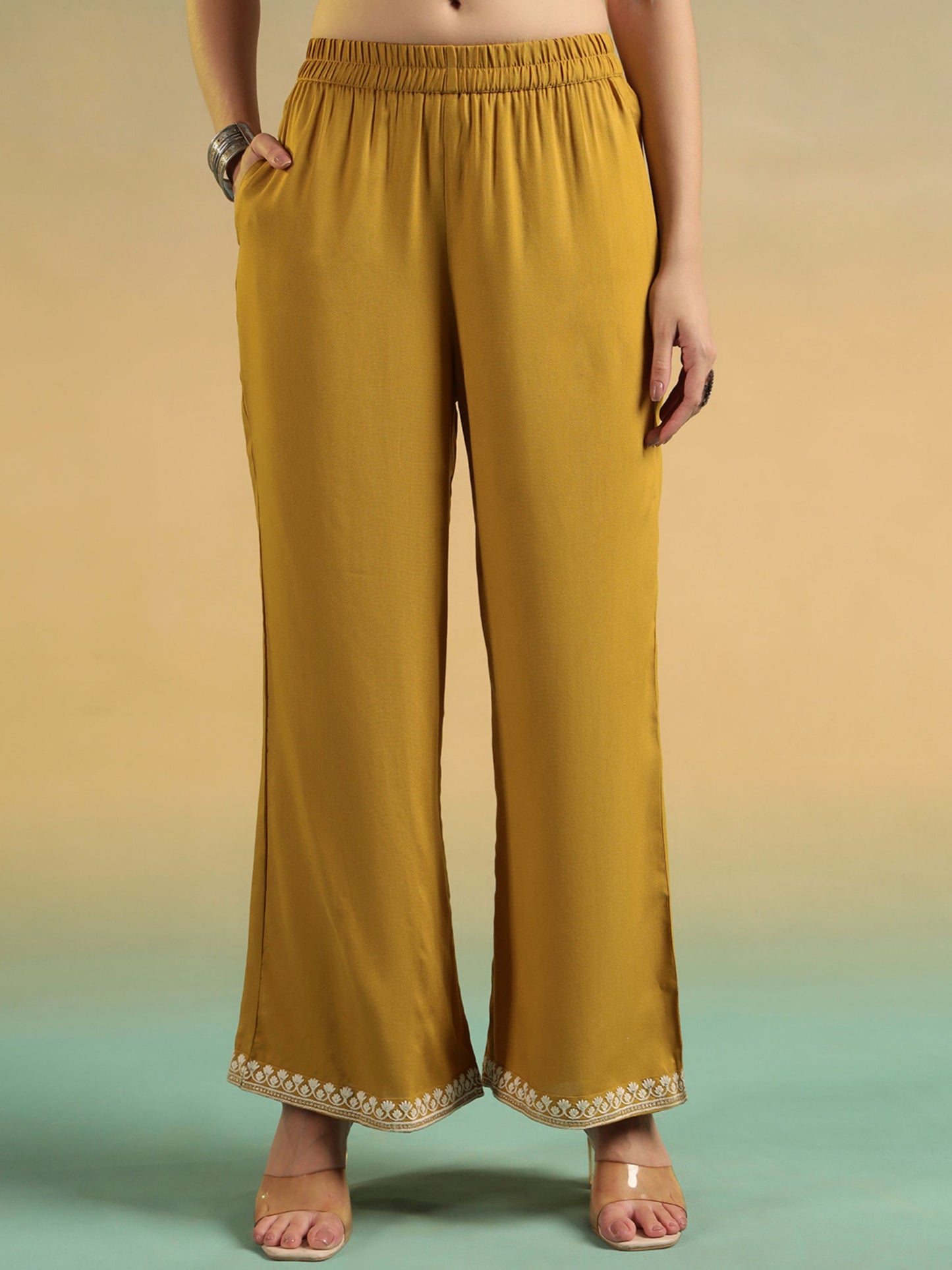 Old Gold Embroidered Rayon Women's Kurta and Palazzo Set