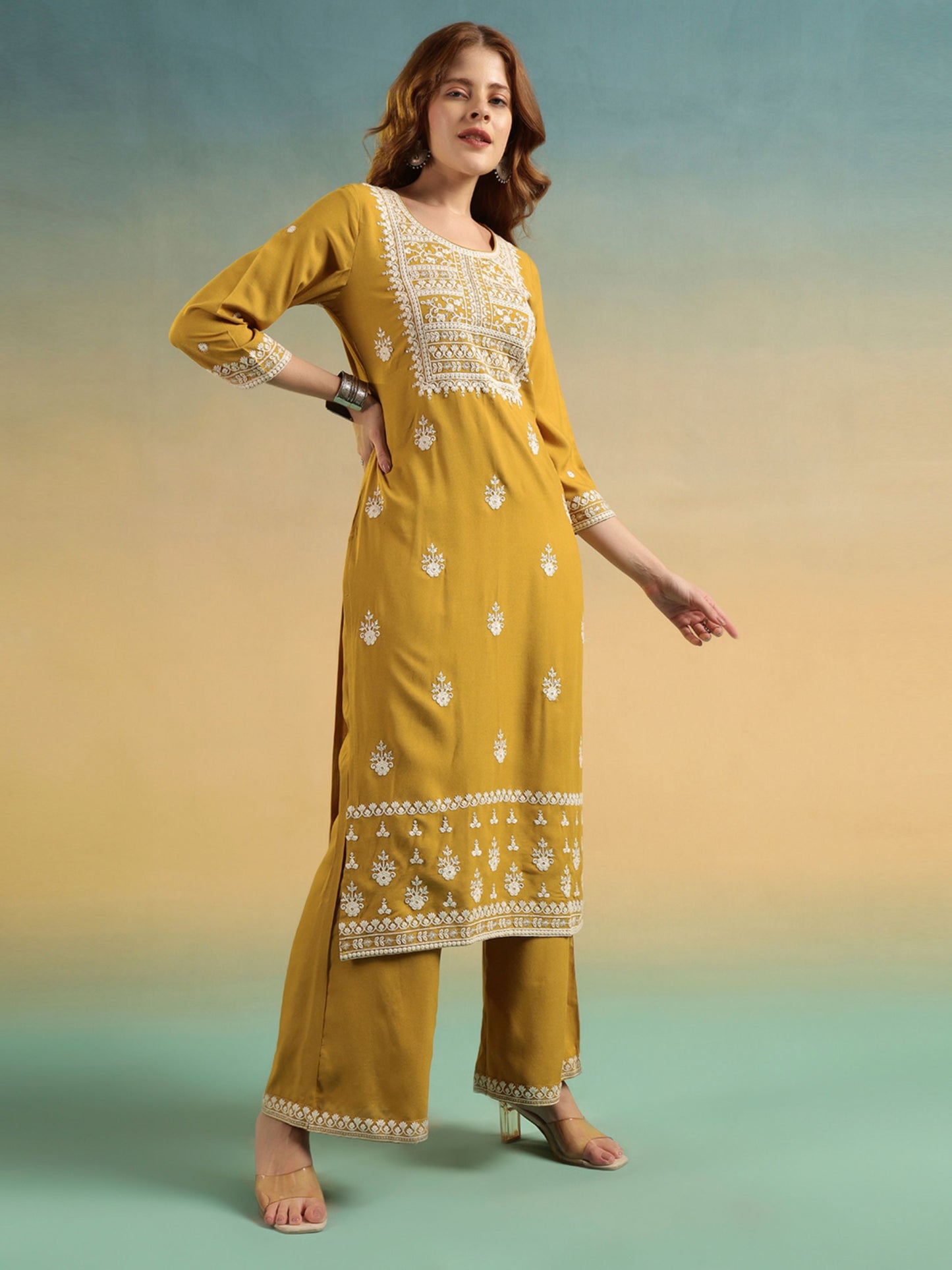 Old Gold Embroidered Rayon Women's Kurta and Palazzo Set