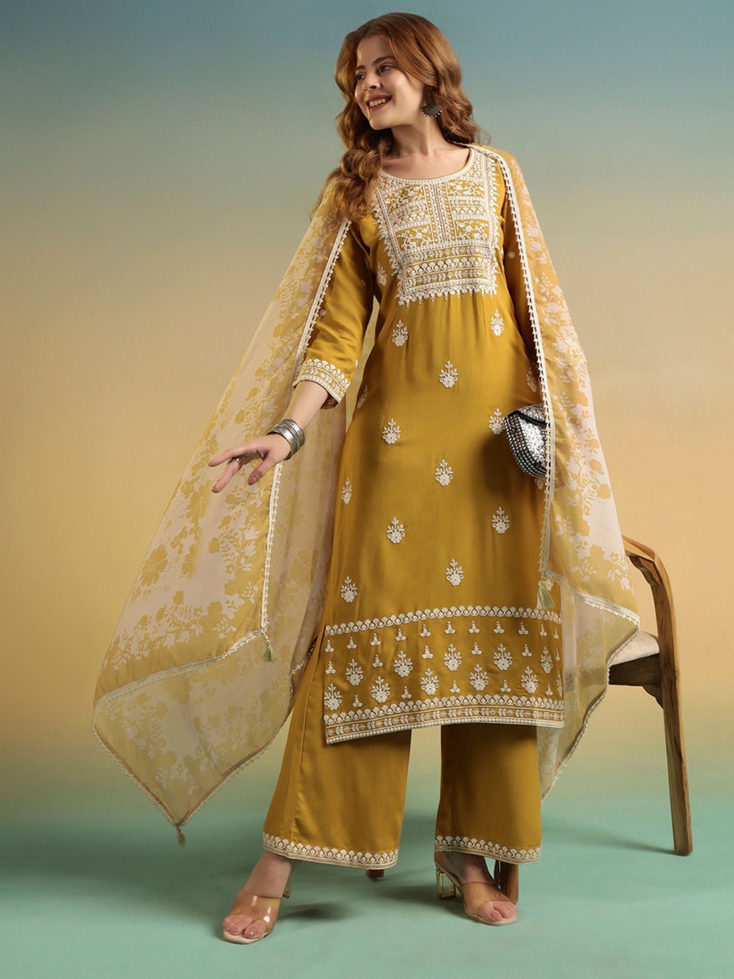 Old Gold Embroidered Rayon Women's Kurta and Palazzo Set