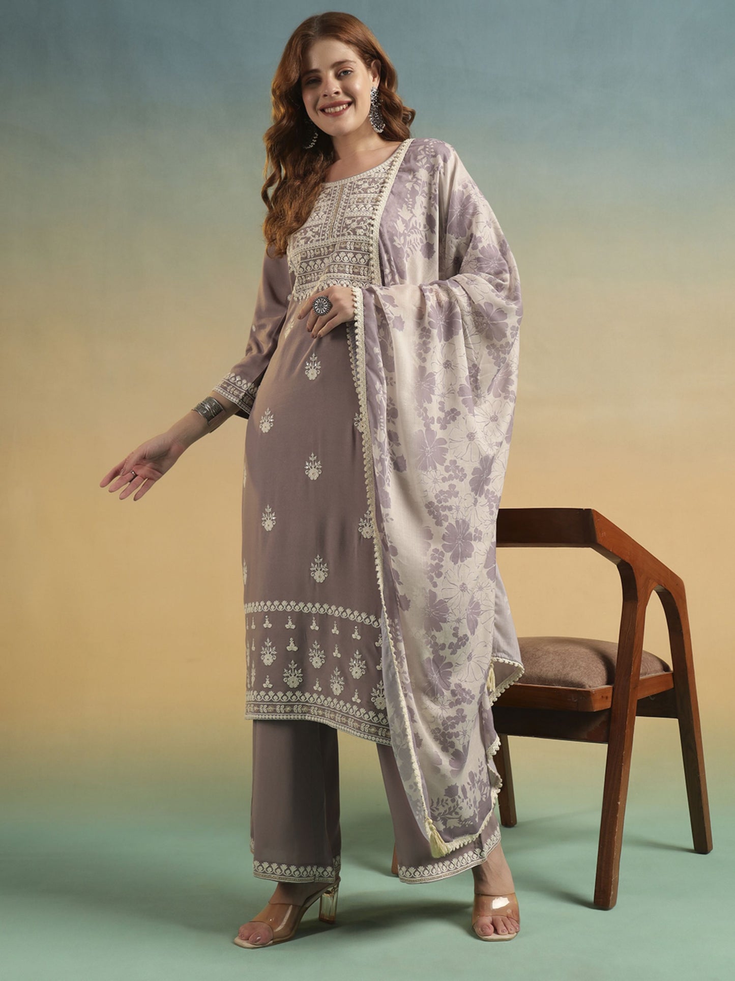 Purple Mauve Embroidered Rayon Women's Kurta and Palazzo Set